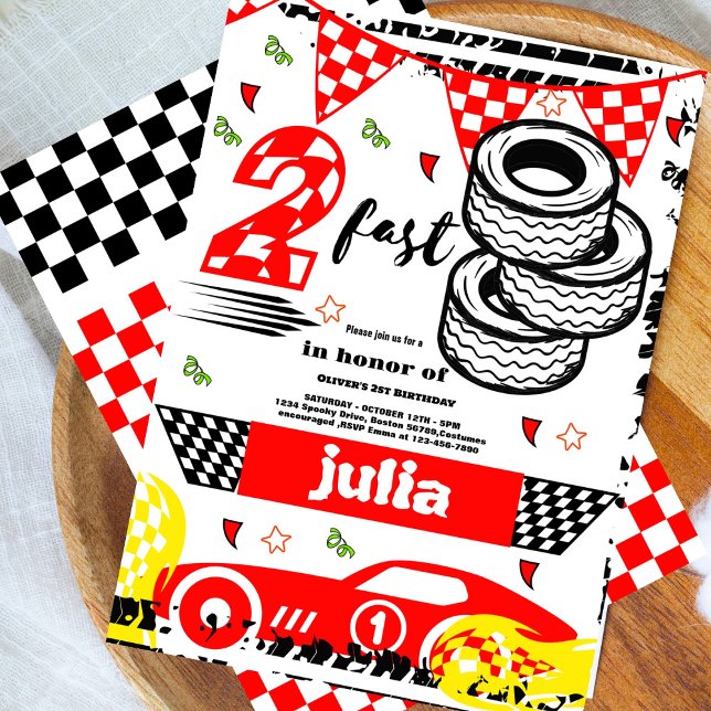 Two Fast 2nd  Birthday Party red Race Car Party Invitation (Creator Uploaded)