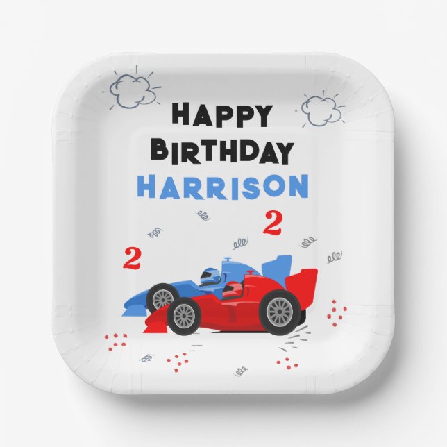 Two Fast 2nd Birthday Race Car Name Paper Plates (Front)