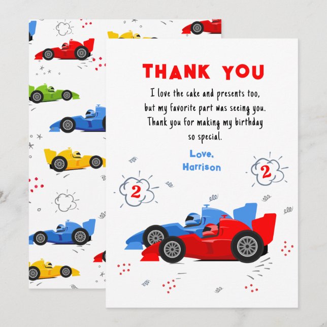 Two Fast 2nd Birthday Racing Cars Thank You Card (Front/Back)