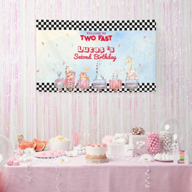 Two Fast Animals safari Racing Train 2nd HBD Party Banner (Party)