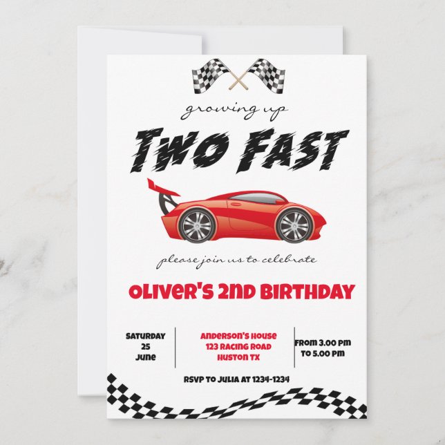 Two Fast birthday invitation, boy racing invite (Front)