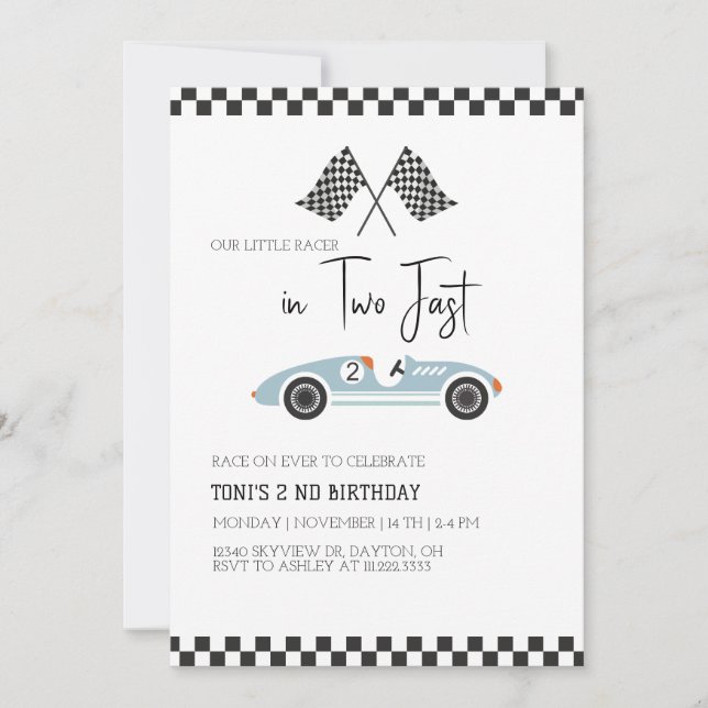 Two Fast Birthday Invitation , Vintage Race Car (Front)