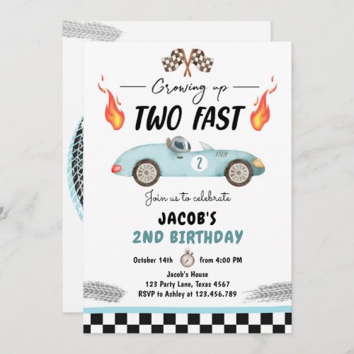 Two Fast Birthday Party Blue Race Car 2nd Birthday Invitation