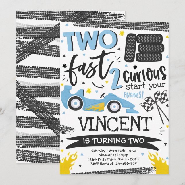 Two Fast Birthday Party Blue Race Car 2nd Birthday Invitation (Front/Back)