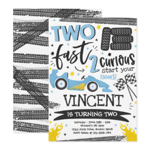 Two Fast Birthday Party Blue Race Car 2nd Birthday Invitation