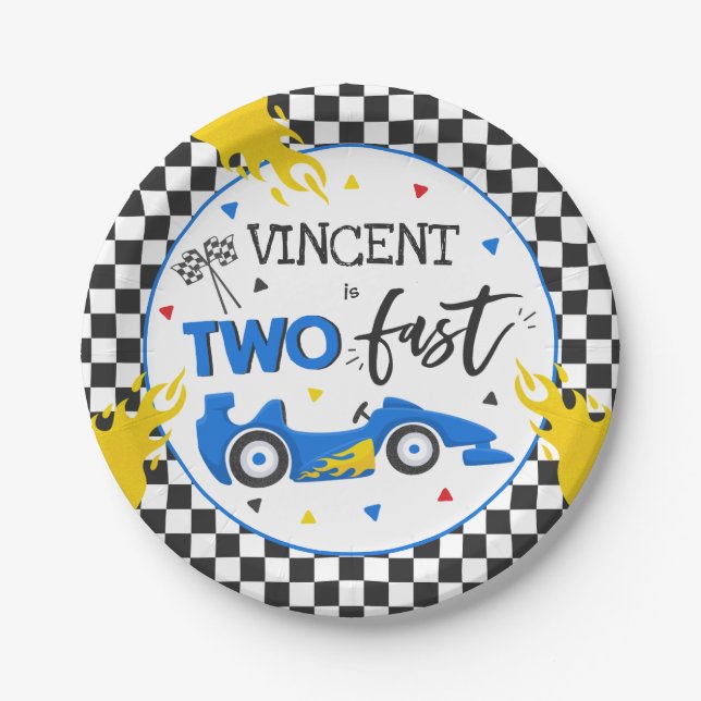 Two Fast Birthday Party Blue Race Car 2nd Birthday Paper Plates (Front)