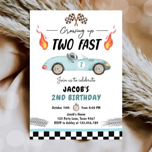 Two Fast Birthday Party Race Car 2nd Birthday Invitation