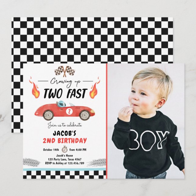 Two Fast Birthday Party Race Car 2nd Birthday Invitation (Front/Back)