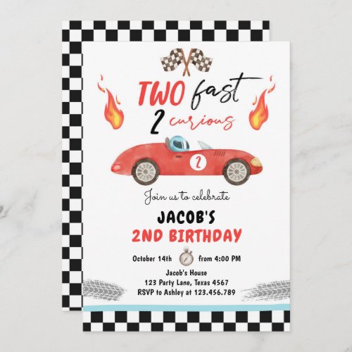 Two Fast Birthday Party Red Race Car 2nd Birthday  Invitation