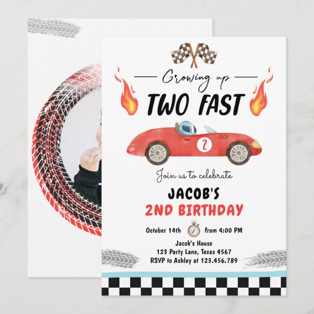 Two Fast Birthday Party Red Race Car 2nd Birthday Invitation (Front/Back)