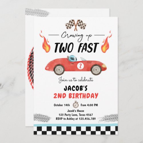 Two Fast Birthday Party Red Race Car 2nd Birthday Invitation