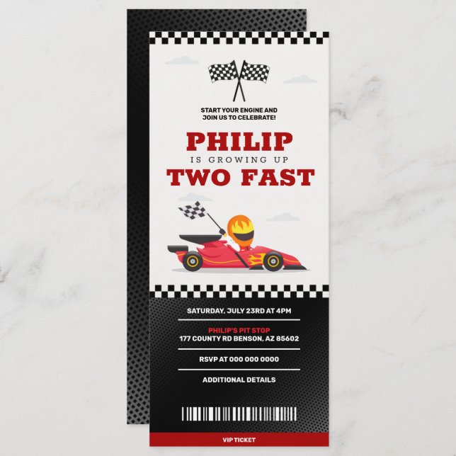 Two Fast Birthday Race Car Racing Party Ticket Invitation (Front/Back)