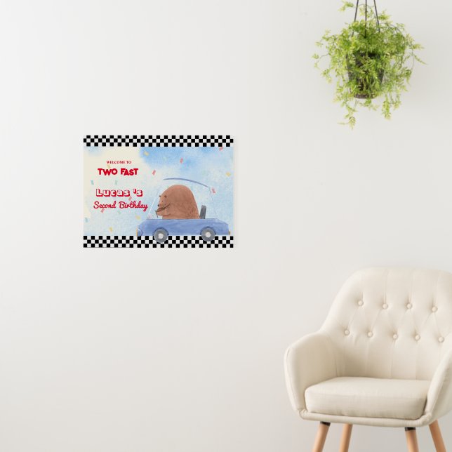 Two Fast Blue Bear Race Car 2nd HBD Party Foam Board (In Situ (Wall))