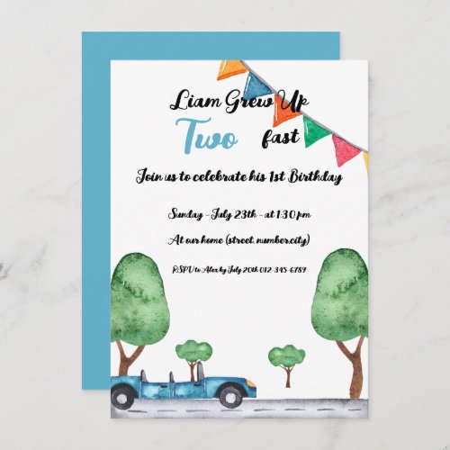 Two fast Blue Car theme for 2nd Birthday Invitation