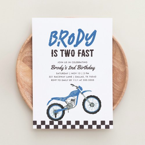 Two Fast Blue Dirt Bike Boy 2nd Birthday Invitation