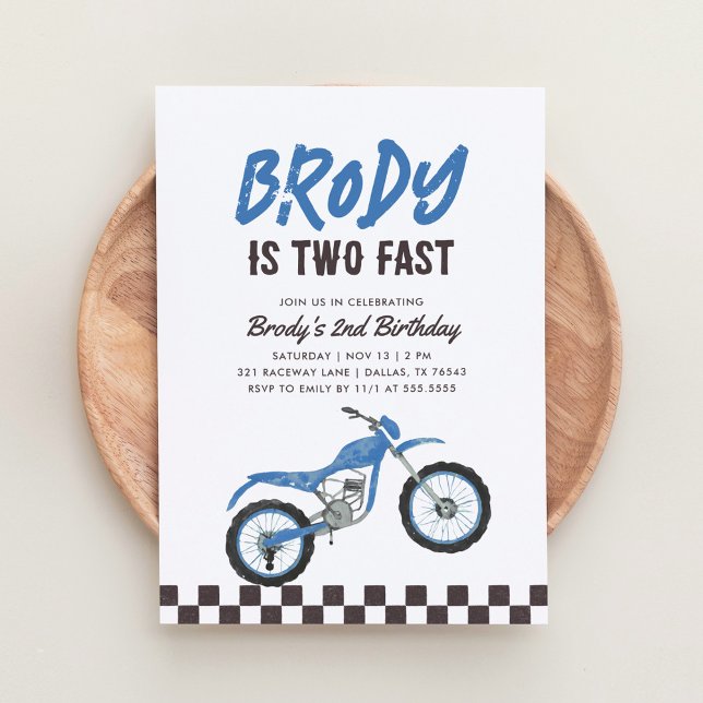 Two Fast Blue Dirt Bike Boy 2nd Birthday Invitation (Creator Uploaded)
