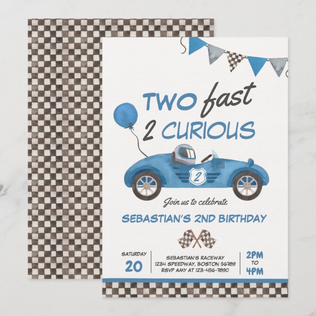 Two Fast Blue Race Car 2nd Birthday Invitation (Front/Back)