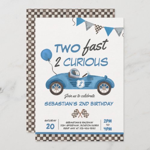 Two Fast Blue Race Car 2nd Birthday Invitation