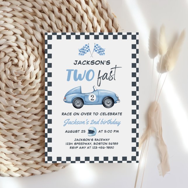 Two Fast Blue Race Car 2nd Birthday Invitation (Creator Uploaded)