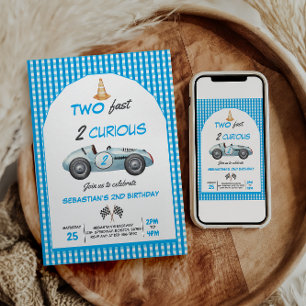 Two Fast Blue Race Car 2nd Birthday Invitation