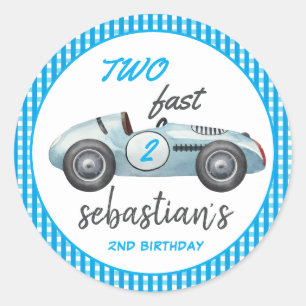 Two Fast Blue Race Car 2nd Birthday Invitation Classic Round Sticker