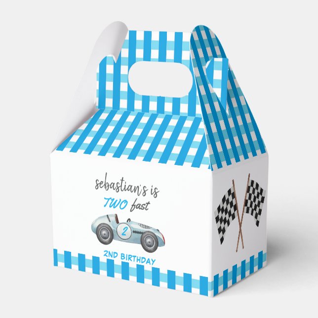 Two Fast Blue Race Car 2nd Birthday Invitation Favor Boxes (Front Side)