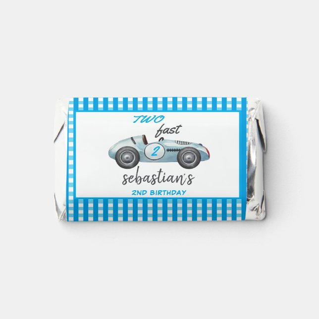 Two Fast Blue Race Car 2nd Birthday Invitation Hershey's Miniatures (Front)