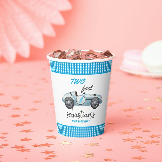 Two Fast Blue Race Car 2nd Birthday Invitation Paper Cups (Insitu)