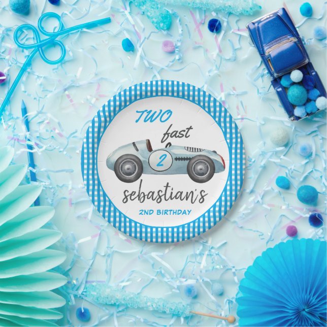 Two Fast Blue Race Car 2nd Birthday Invitation Paper Plates (Party)