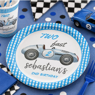 Two Fast Blue Race Car 2nd Birthday Invitation Paper Plates