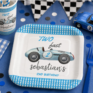 Two Fast Blue Race Car 2nd Birthday Invitation Paper Plates