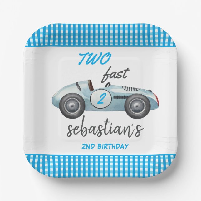 Two Fast Blue Race Car 2nd Birthday Invitation Paper Plates (Front)