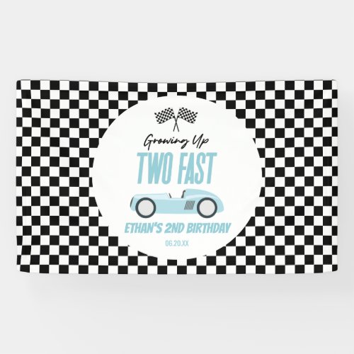 Two Fast Blue Race Car 2nd Birthday Party Banner