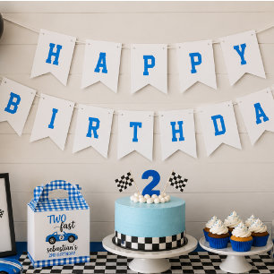 Two Fast Blue Race Car 2nd Birthday Party Bunting Flags