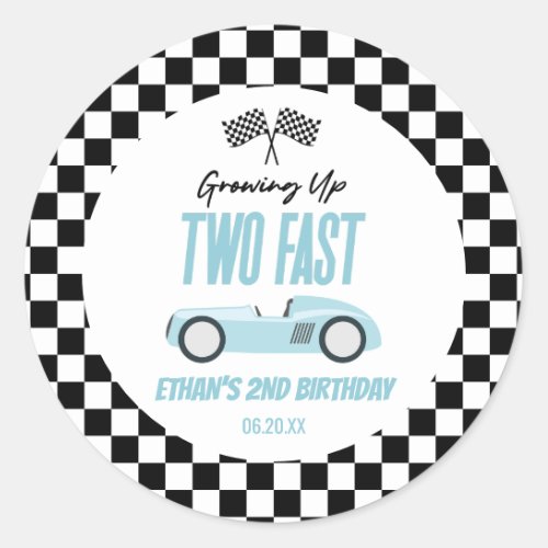 Two Fast Blue Race Car 2nd Birthday Party Classic Round Sticker