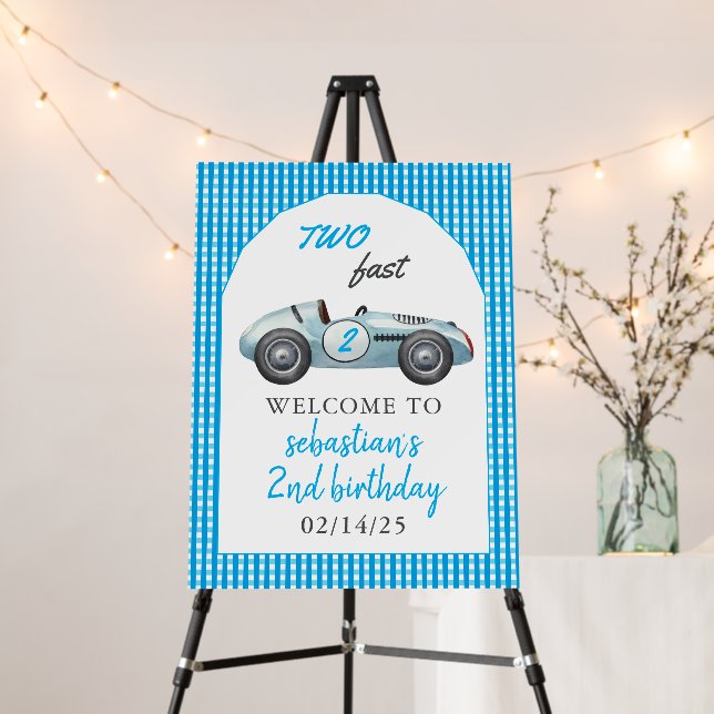 Two Fast Blue Race Car 2nd Birthday Party Foam Board (In Situ (Stand))