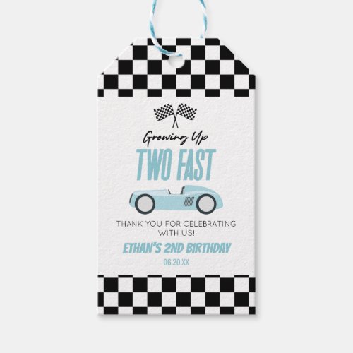 Two Fast Blue Race Car 2nd Birthday Party Gift Tags