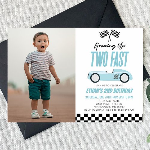 Two Fast Blue Race Car 2nd Birthday Party Invitation