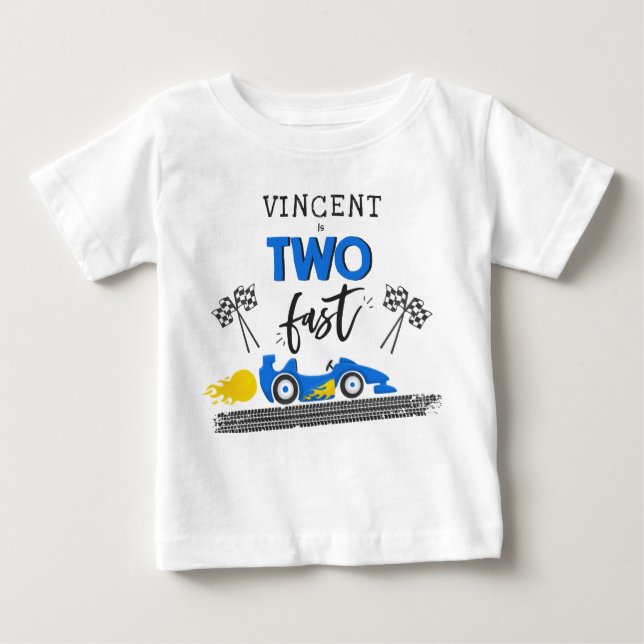 Two Fast Blue Race Car 2nd Birthday Party Outfit Baby T-Shirt (Front)