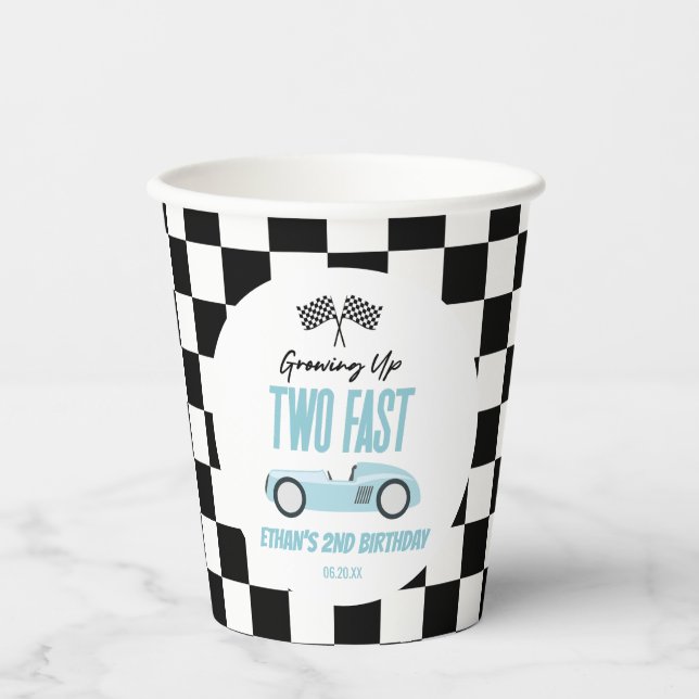 Two Fast Blue Race Car 2nd Birthday Party Paper Cups (Front)