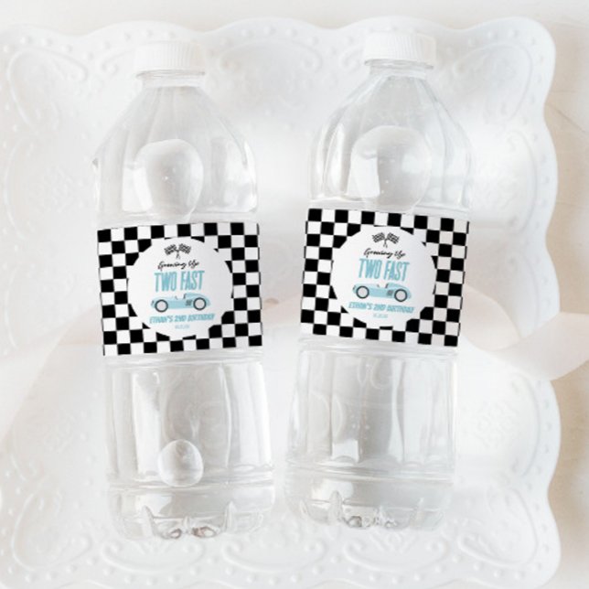 Two Fast Blue Race Car 2nd Birthday Party Water Bottle Label (Creator Uploaded)