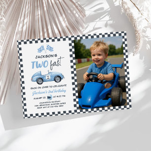 Two Fast Blue Race Car 2nd Birthday Photo Invitation
