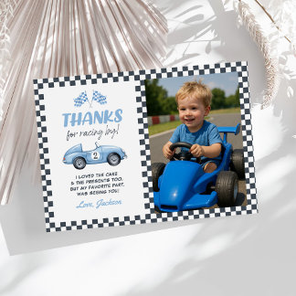 Two Fast Blue Race Car 2nd Birthday Photo Thank You Card