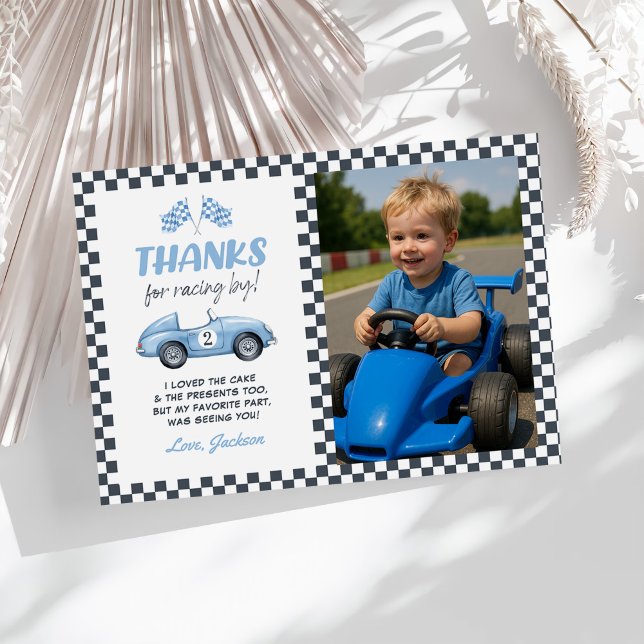 Two Fast Blue Race Car 2nd Birthday Photo Thank You Card (Creator Uploaded)