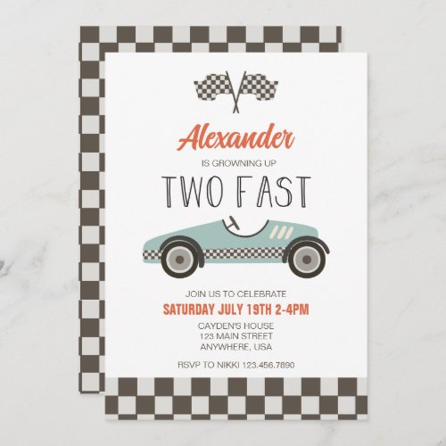 Two Fast BLUE Race Car Birthday Invitation