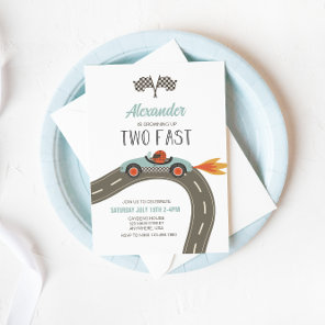 Two Fast BLUE Race Car Birthday Invitation