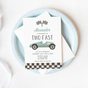 Two Fast BLUE Race Car Birthday Invitation