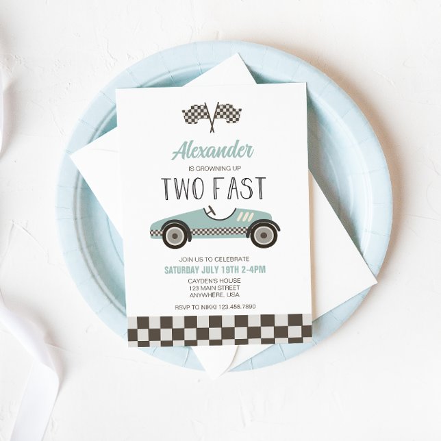 Two Fast BLUE Race Car Birthday Invitation (Creator Uploaded)