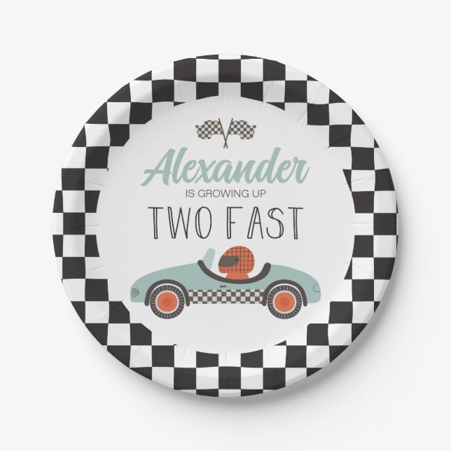 Two Fast blue Race Car Birthday Paper Plates (Front)
