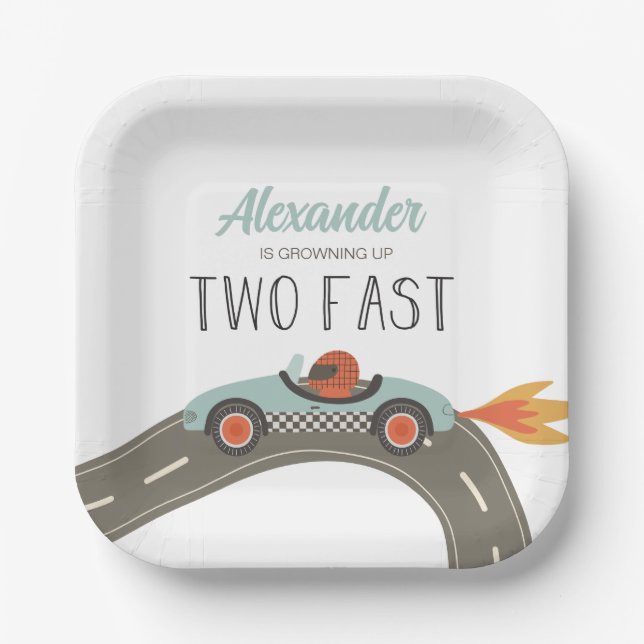 Two Fast BLUE Race Car Birthday Paper Plates (Front)
